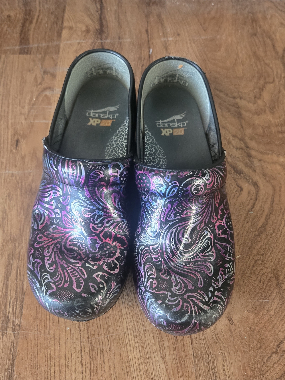 Dansko Black Clogs with Pink & Purple Floral Paisley